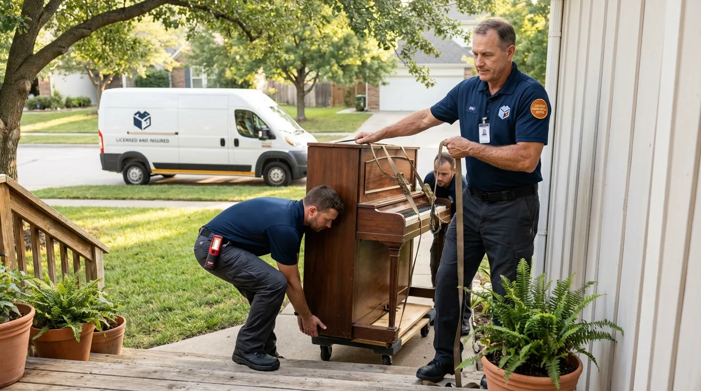Licensed piano movers securing grand piano in Gower, MO