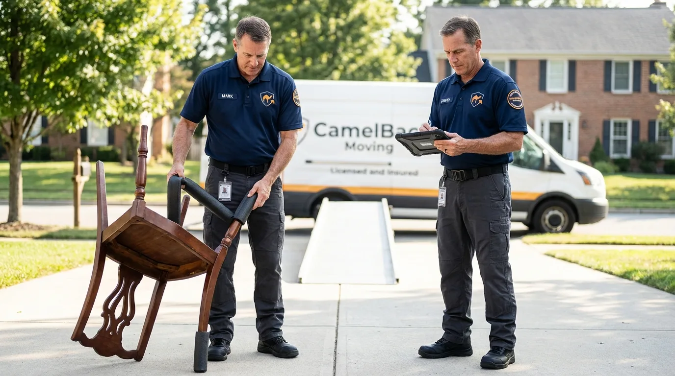 Movers inspecting furniture for damage prevention before loading in Gower, MO