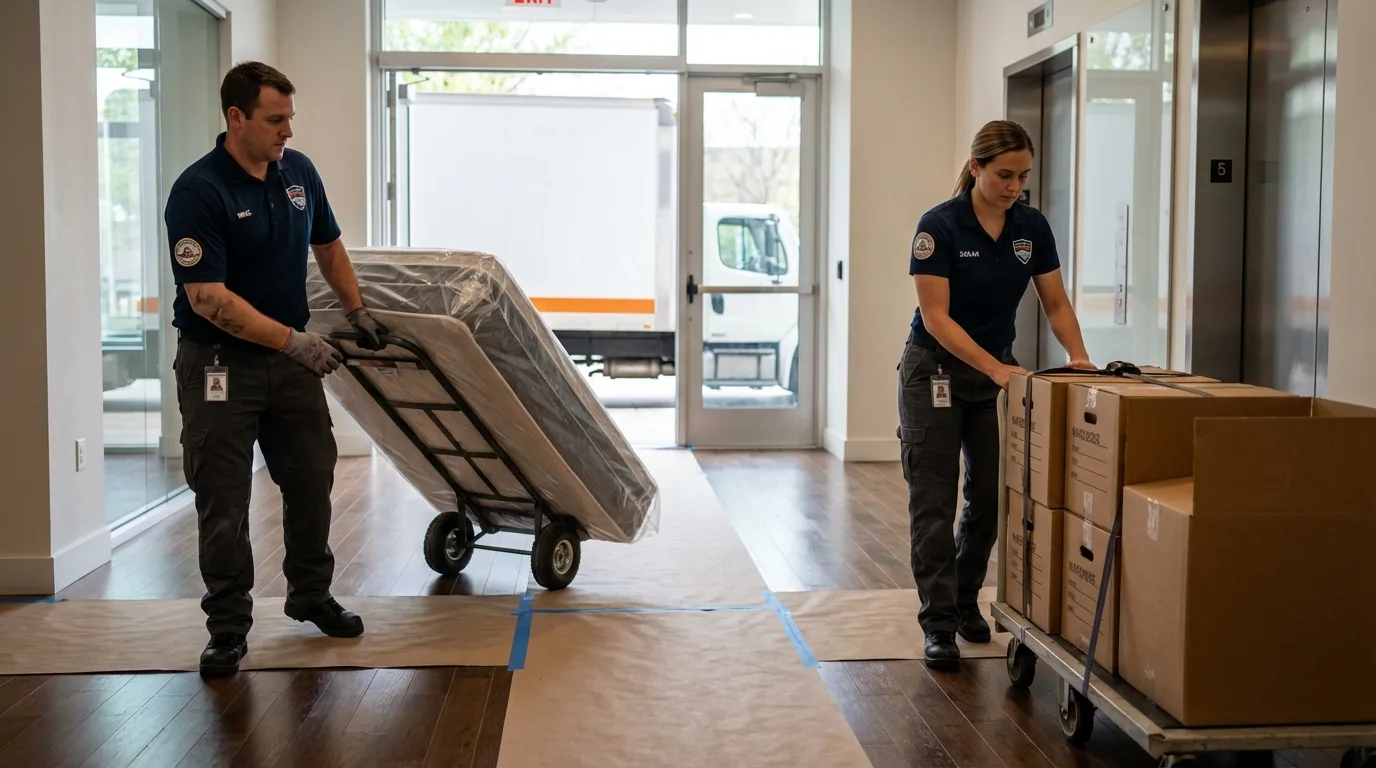 Professional apartment movers loading elevator in Gower, MO