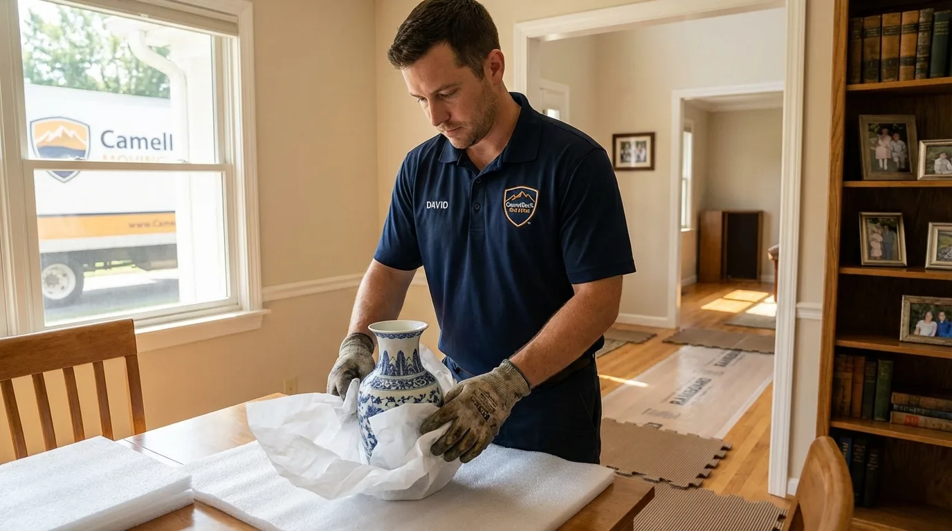 Professional crew carefully wrapping antique vase for senior downsizing move in Gower, MO