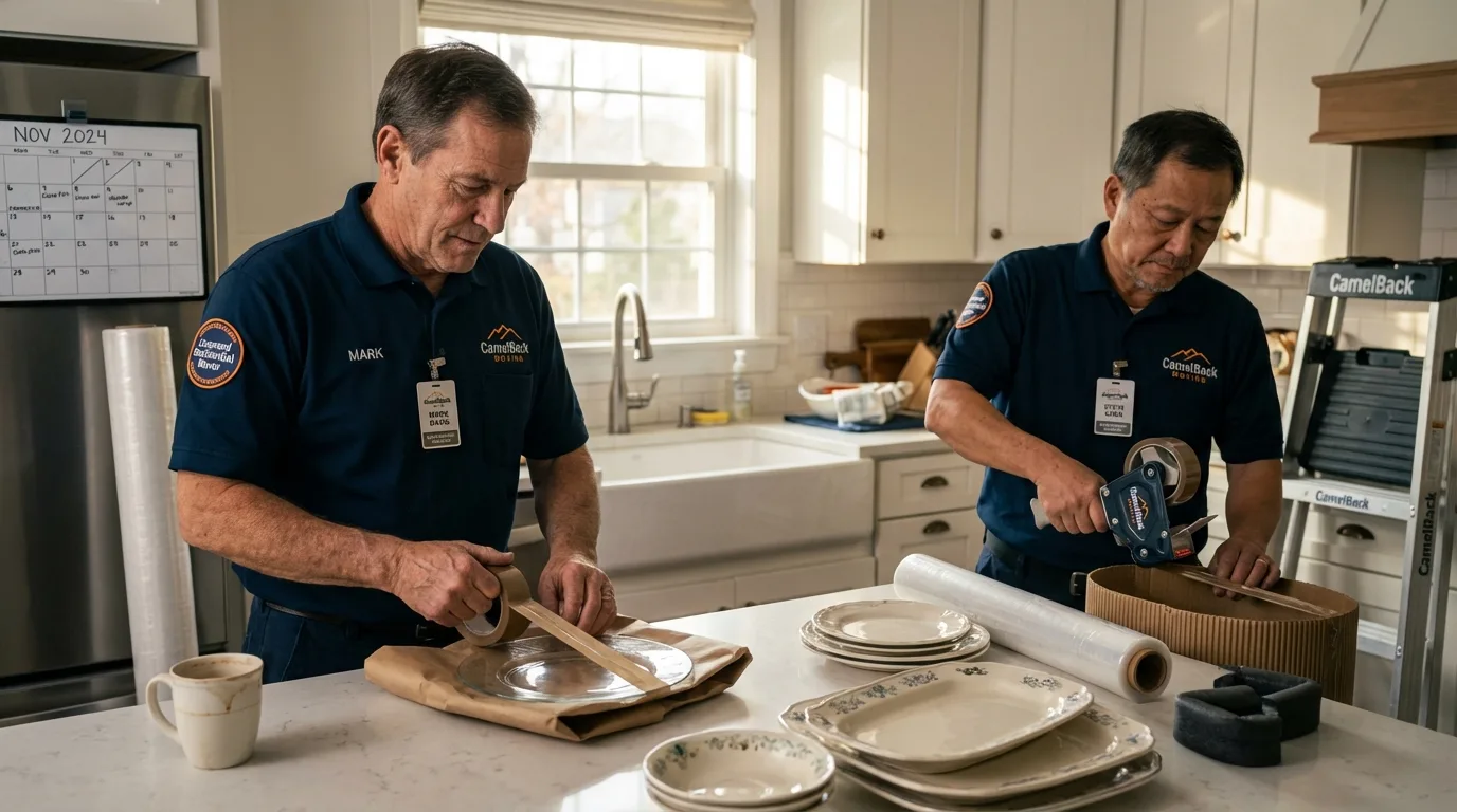 Professional crew packing kitchen dishware in Gower, MO